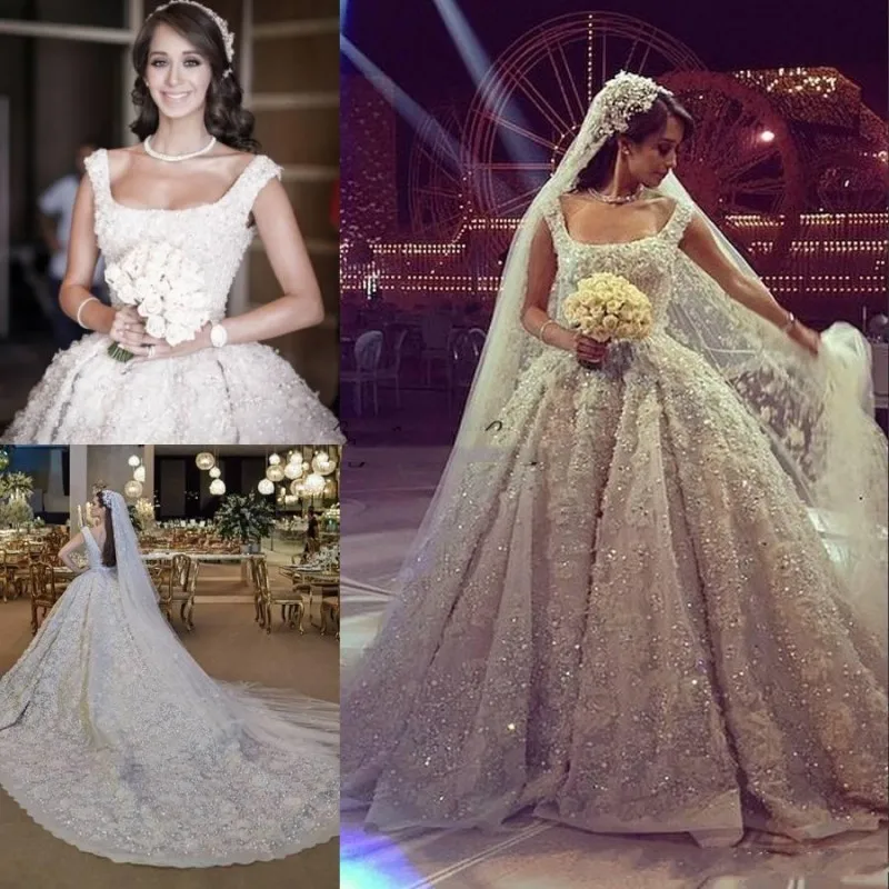 Luxury Ball Gown Wedding Dresses with 3D Appliques Beads Bridal Gowns Sequin Chapel Train Plus Size vestidos de novia