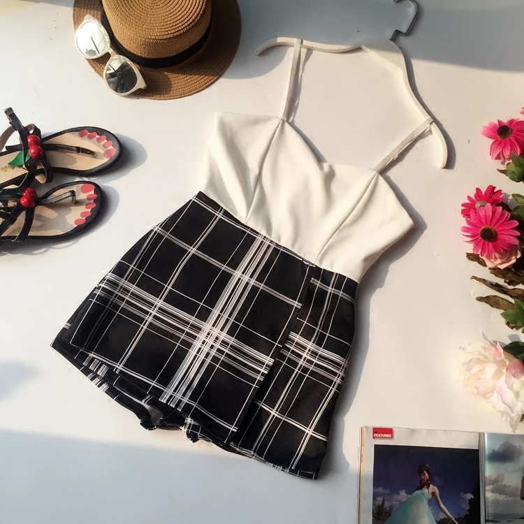 Летние женские клетчатые Обтягивающие Комбинезоны на бретельках комбинезоны