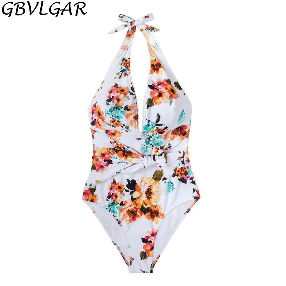 

GBVLGAR Women Sexy Backless Halter Monokini Swimwear Tie Waist Floral One-piece Swimsuit 2021 New Girl Beach Bathing Suits