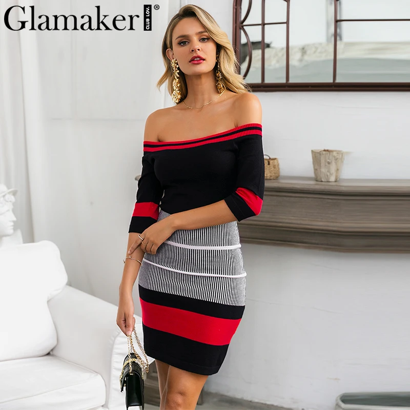 Glamaker черное платье в полоску с открытыми плечами, женское весеннее Трикотажное короткое облегающее платье, сексуальное мини-платье для фитнеса и клуба, элегантное платье
