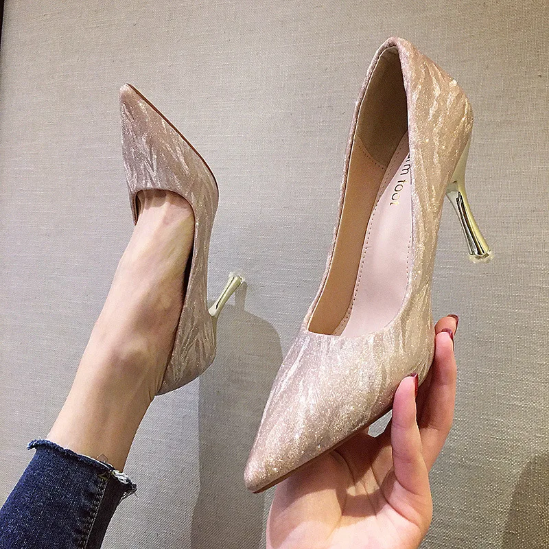 

Женские туфли-лодочки на высоком каблуке, серебристые или цвета шампанского туфли-лодочки с острым носком, украшенные блестками, роскошные ...