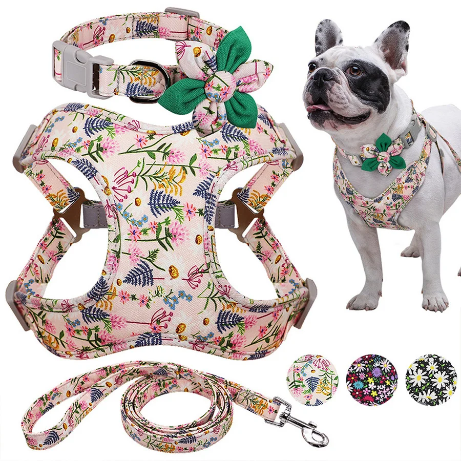 

French Bulldog Harness Leash and Collar Set Printed Dog Harness Vest Leash Collar Set Vest-style Collar and Chest Strap