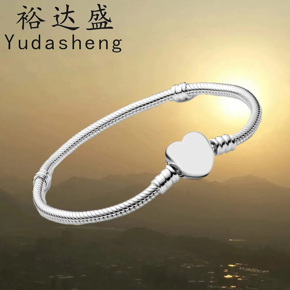 

925 Sterling Silver Moments Heart Clasp Snake Chain Bracelet High Quality Jewelry Factory Wholesale