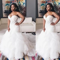 african mermaid wedding dresses sweetheart illusion lace appliques crystal beaded ruffles tiered organza formal bridal gowns