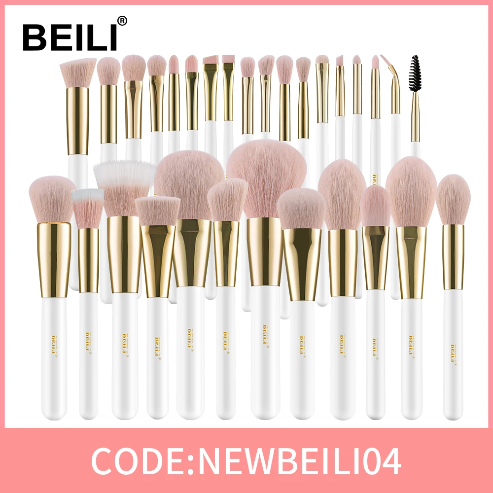 

BEILI White Gold Makeup Brushes Professional Foundation Eyeshadow Powder Brushes High Quality Pink Synthetic Make Up Brush Set