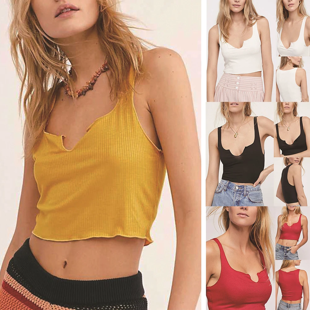 

Knitted Women's V-Neck Tank Top Vest Sexy Sleeveless Crop Tops Summer Solid Color Short Camisole Tops Party Clubwear Streetwear