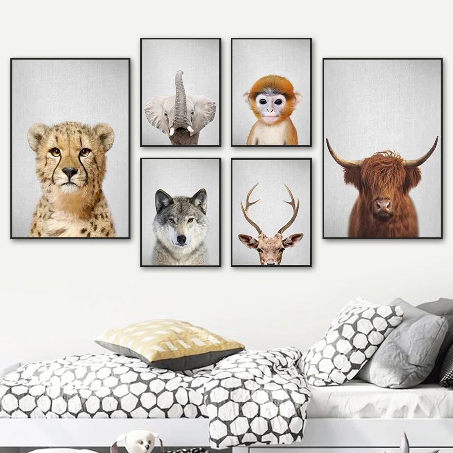 Постеры и принты в скандинавском стиле с изображением слона леопарда волка