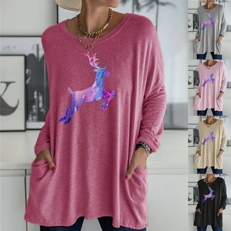 

Cartoon Color Elk Print Pullover Autumn Winter Long Sleeve Casual Pocket Loose Sweatshirt Women Long Tee Fashion Lady Streetwear