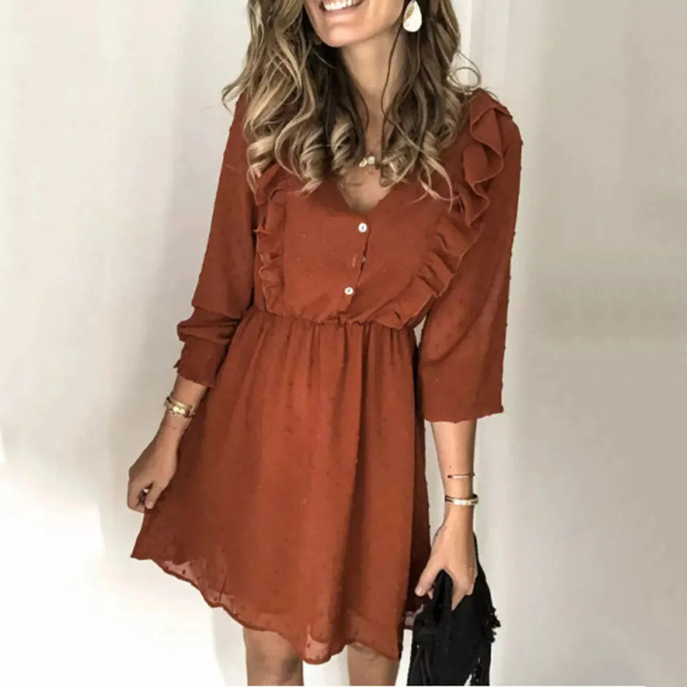 

Women's Autumn Orange Chiffon Dresses Fashion V Neck Buttons Ruffled Waist Casual Woman's Long Sleeve Midi Dress 2021 Robe Femme