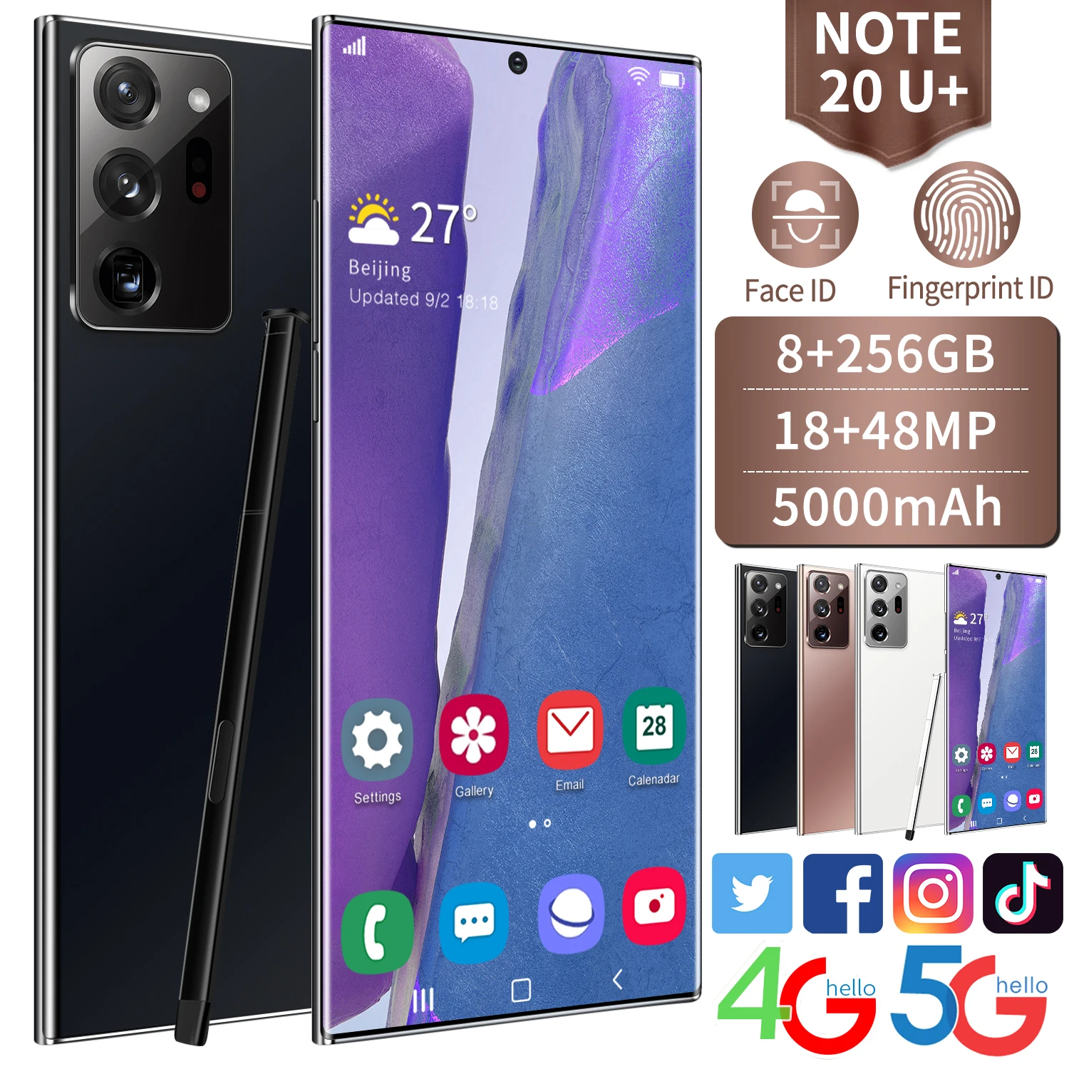 

Global Note20u+ 6.9 Inch Smartphone HD Big Screen Epen Face Fingerprint Unlock 8 256GB 5000mAh 3D Glass Plated Cover Cellphones
