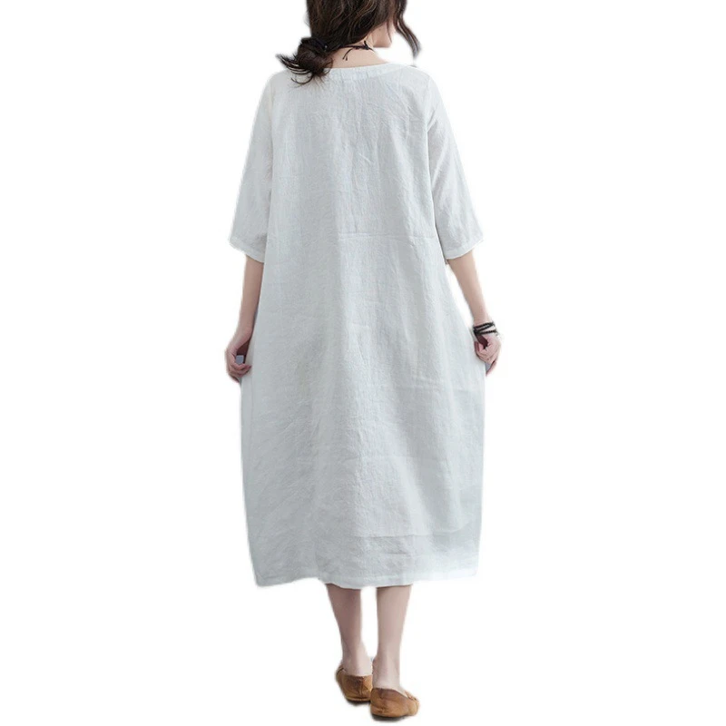 

Chinese Traditional Dress Women Cotton Linen Thin Retro Short Sleeve Floral Embroidery Long Robes Fashion Loose Soft Tang Suits