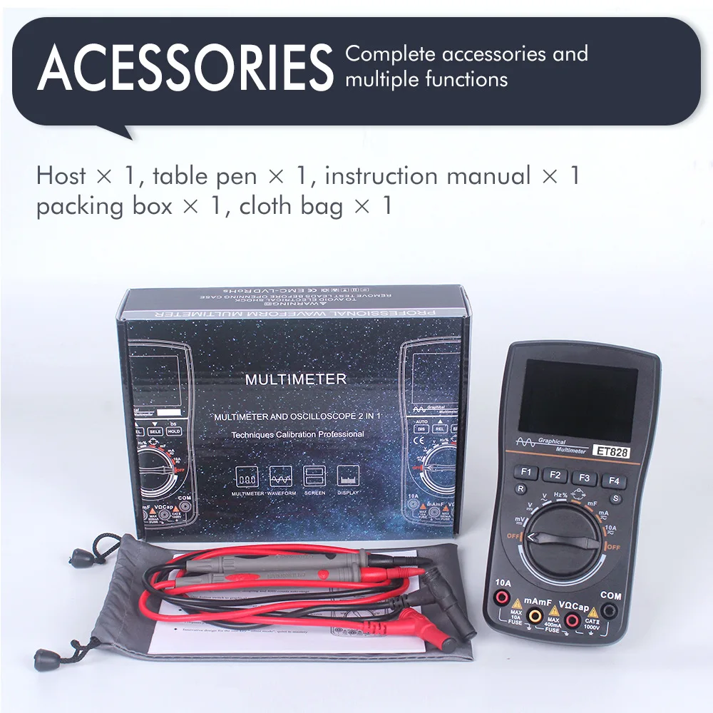 

ET828 2 in 1 Oscilloscope Multimeter Digital DC/AC Current Voltage Resistance Frequency Tester 2.4 Inch Color Screen Meter Tools