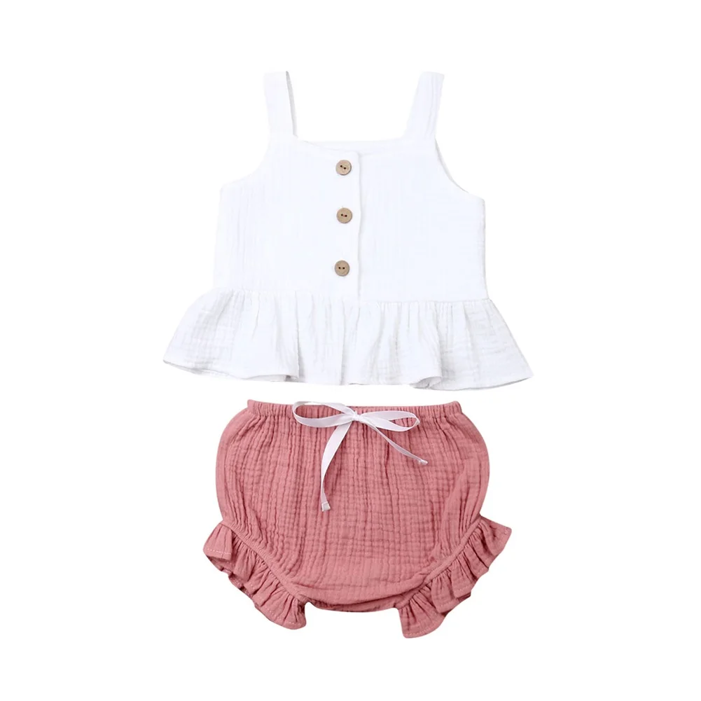 Детский комплект для новорожденных девочек 0-5 лет, топ без рукавов на пуговицах+ шорты, комплект из 2 предметов, комплект летней одежды для маленьких девочек