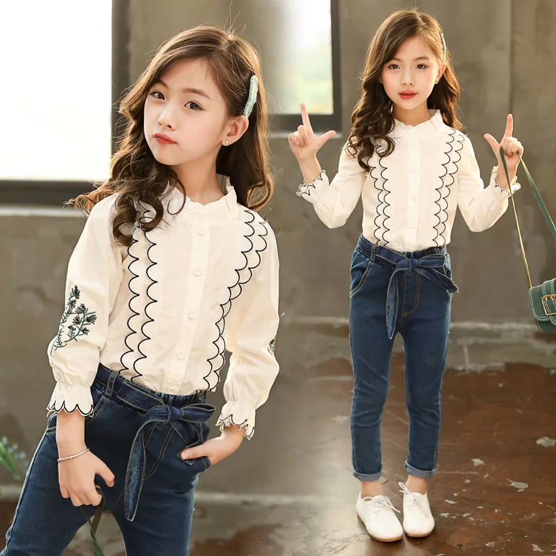 

Children'S Set Girls 2020 Spring New Clothing Korean Original Design Lace Collar Embroidered Shirt+Jeans 2pcs Suit 4-13Y