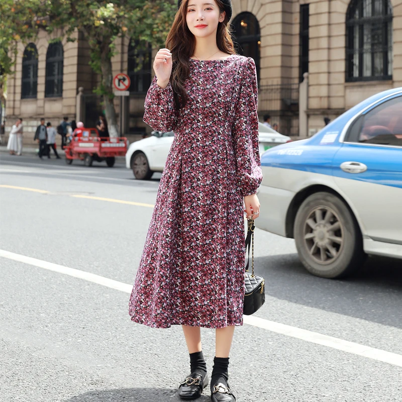 

Женское платье-миди с цветочным принтом, элегантное осеннее платье с круглым вырезом и длинным рукавом-фонариком, весеннее женское платье н...