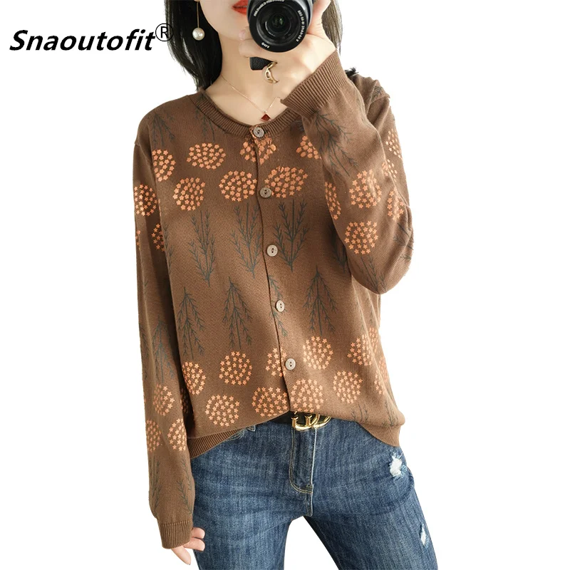 

Spring Summer New Sweater 100% Cotton Round Neck Loose Large Size Long-Sleeved Cardigan Printed Blouse Korean Women's Jacket