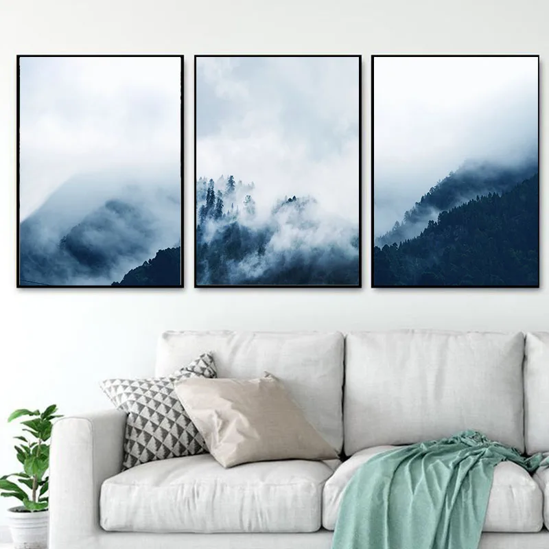

Modern Scandinavia Posters and Prints Misty Mountain Canvas Painting Landscape Wall Art Nordic Style Sofa Background Home Decor