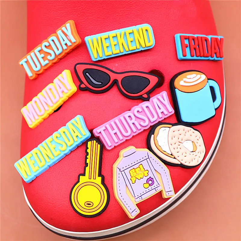 Monday to Weekend Shoe Charms Accessories Coffee Cake Sunglasses Golden Key Shoe Buckle Decorations fit Kids X-mas Party Gifts