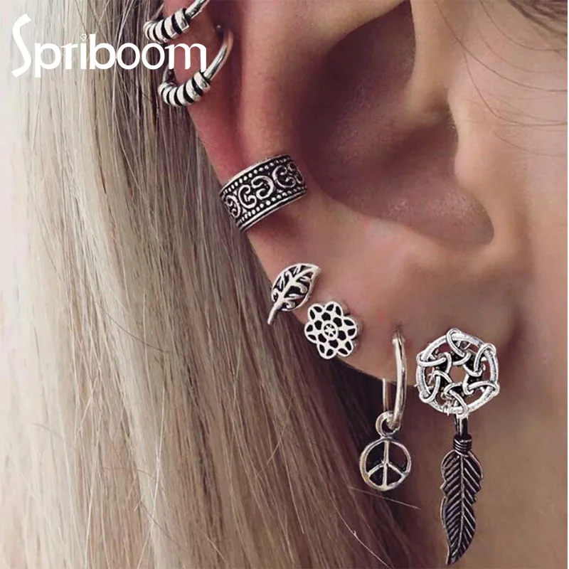 

7Pcs Bohemian Leaf Earrings Set for Women Geoemtric Antique Earring Silver Color Vintage Jewelry Female Party Accessories Gifts