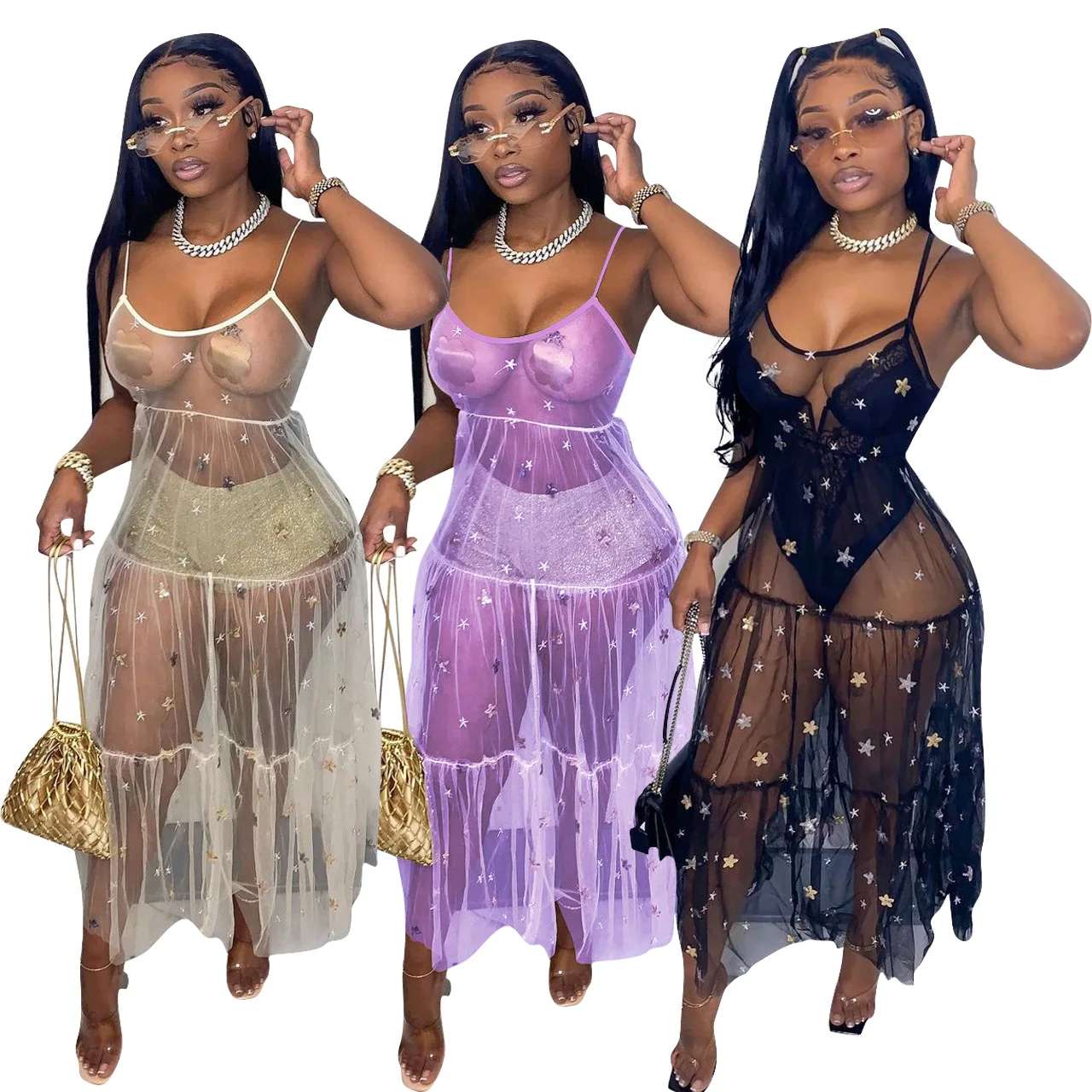 

Echoine Sheer Mesh Transparent Strap Maxi Long Dress Sequin Sexy Party Club Vintage Vestidos Summer Sundress Outfits Dresses