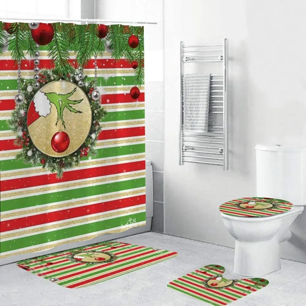 

The Grinch Movie Christmas Waterproof Shower Curtain Carpet Cover Toilet Cover Bath Mat Pad 4 Piece Set 3D Print Bathroom Decor