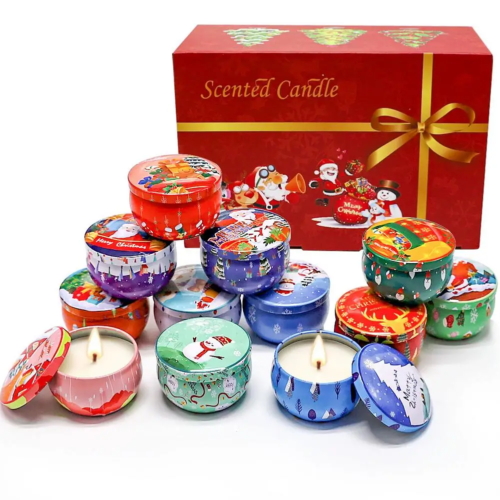 

12 шт. Рождественские Ароматические фотосвечи, бездымный соевый воск, искусственные растения
