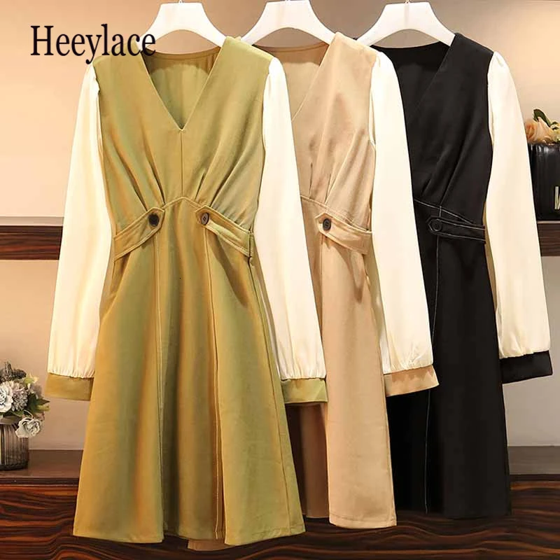 Платье рубашка средней длины размера плюс в Корейском стиле с v образным вырезом