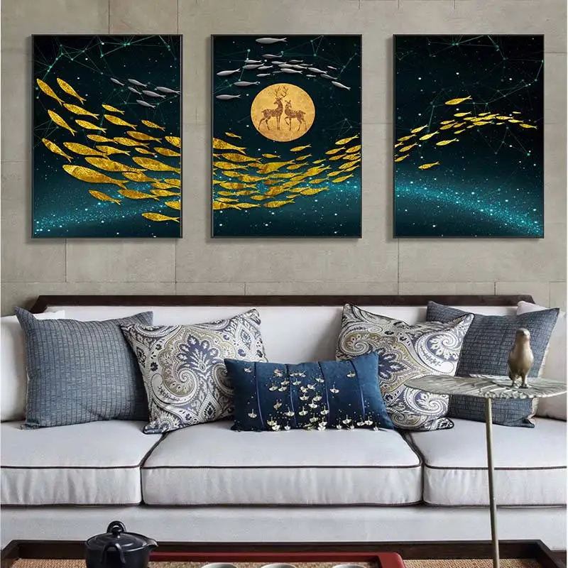Абстрактный золотой рыбки Луна рисунок оленя на холсте большой синий плакат
