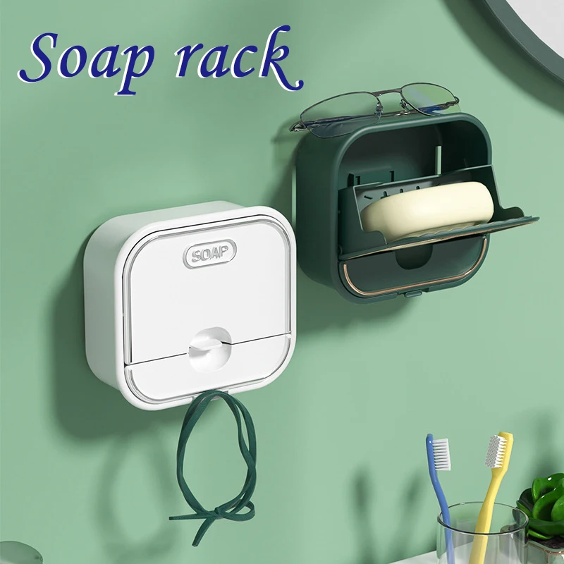 

Soap Holder Box Flip to Open/Close Adhesive Splash Proof Soap Dish with Water Collector & Hanger for Bathroom & Kitchen Hot