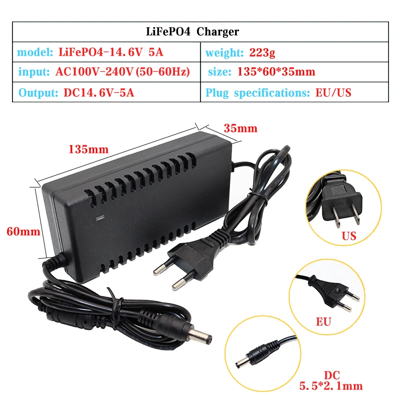 14.6V 5A LiFePO4 Charger 4Series 12V Lifepo4 battery charger DC 12.8V 14.4V pack Power Adapter AC 100-240V EU US Plug | Электроника