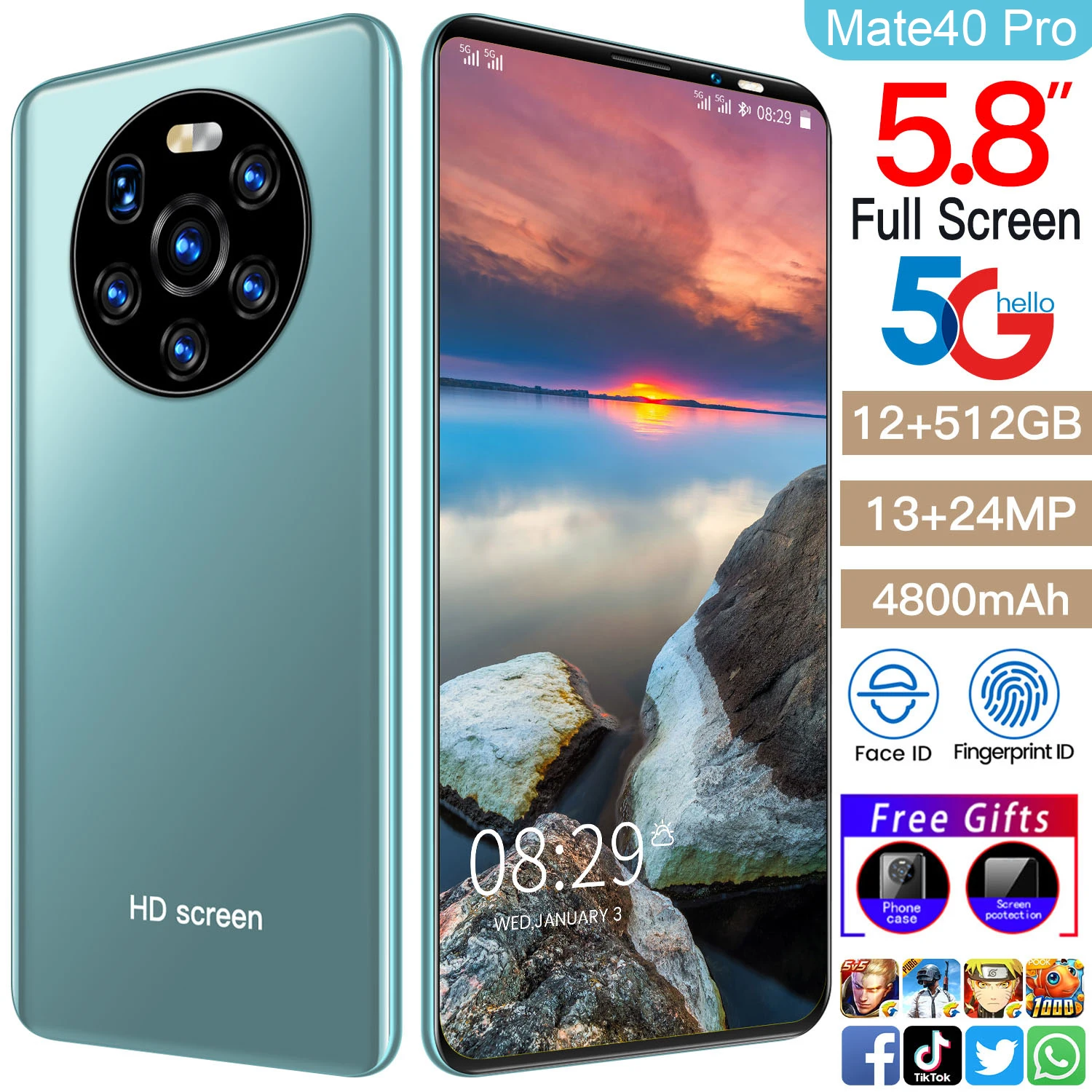 

Mate40 pro Smartphone 5.8Inch 4800mAh Android 11 Dual SIM 5G 13MP+24MP HD Camera Face Wake 12GB+512GB Global Version CellPhone