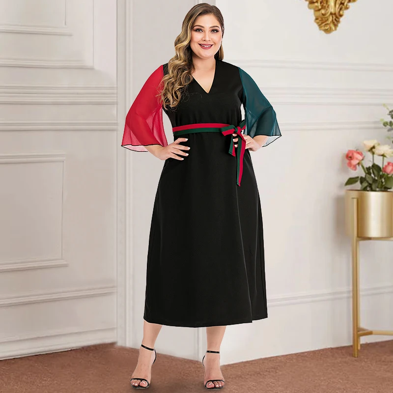 Женское платье миди Siskakia черное в стиле пэчворк с v-образным вырезом и рукавом 3/4