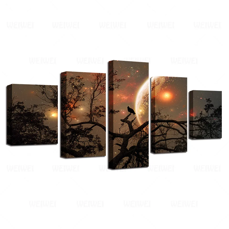 

HD Printed Abstract Pictures Decor Living Room Wall Home 5 Pieces Trees Bird Moon Night Scene Painting Canvas Art Modular Poster