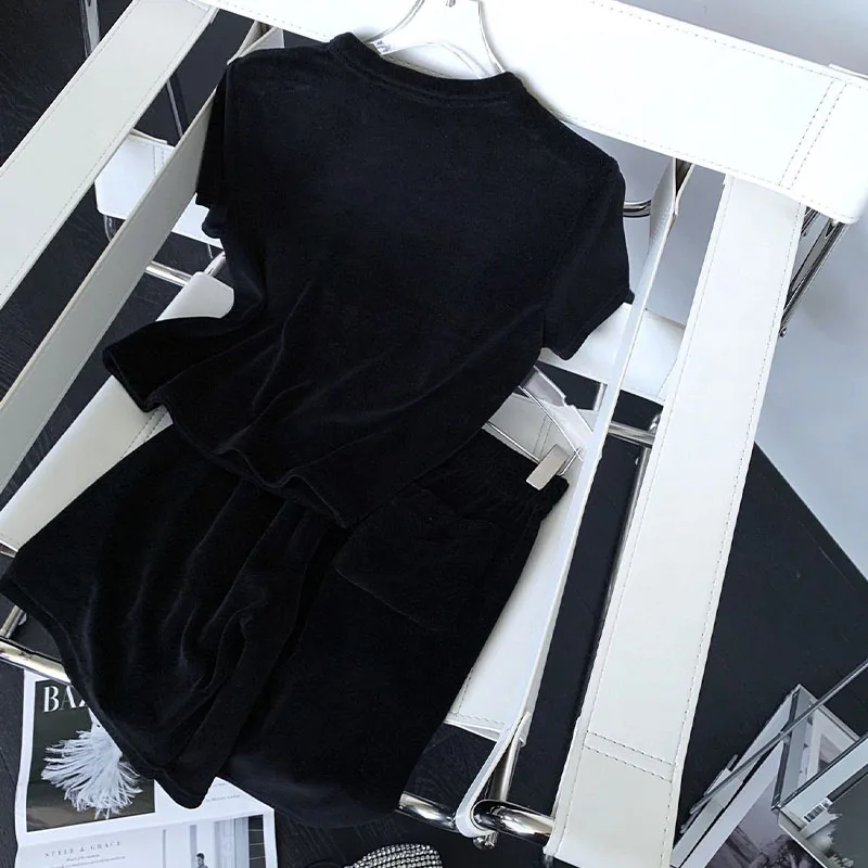 

2021 Summer Woman's Sets 2 Pieces Pink Black Letter Solid Cotton Suits Tops + Shorts Sports Casual Sets