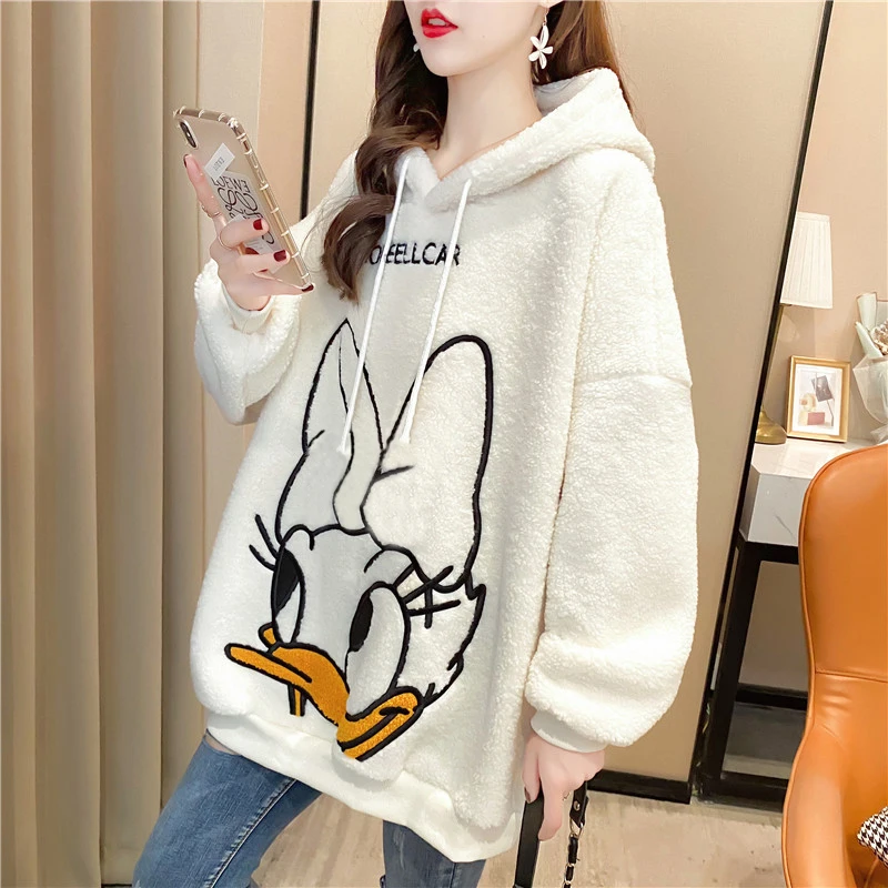 

Lamb fur coat women's Korean-style loose large size women's autumn and winter New plus velvet padded hooded sweater women