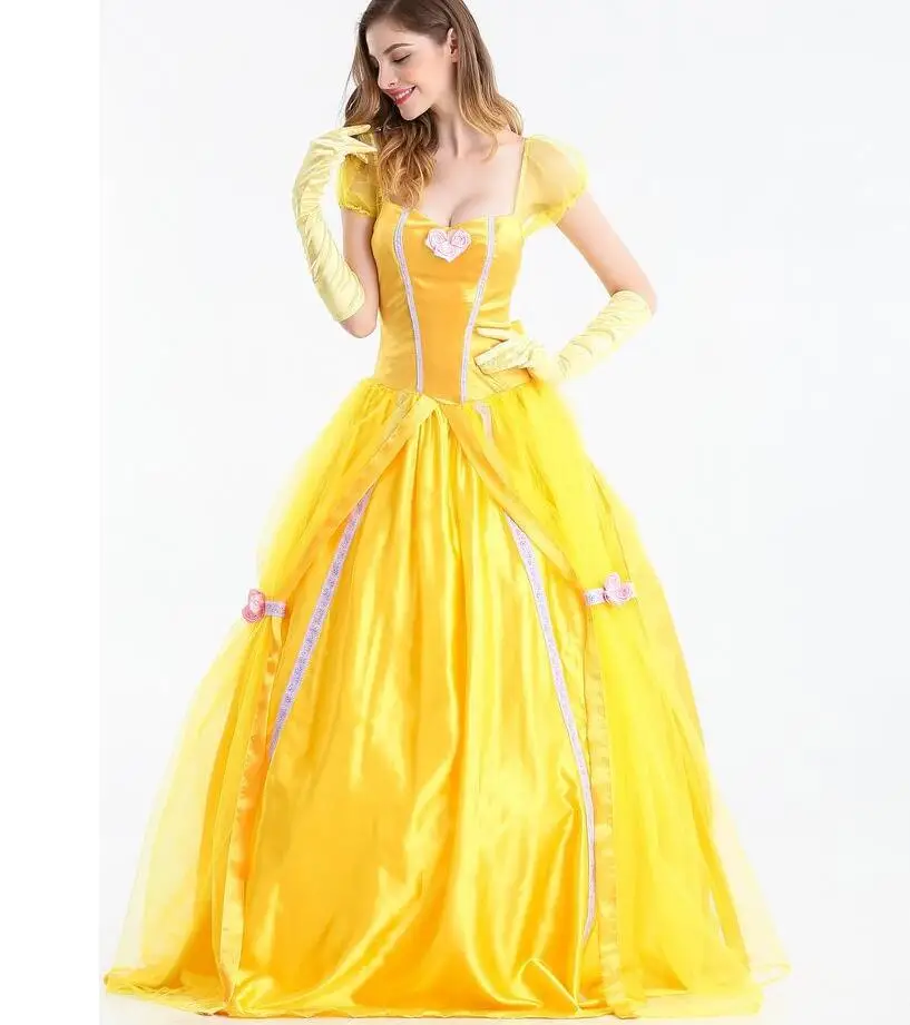Halloween Beauty and the Beast Cosplay Costumes Adult Belle Princess Dresses For Women Anime Party Flower Yellow Long Dress |