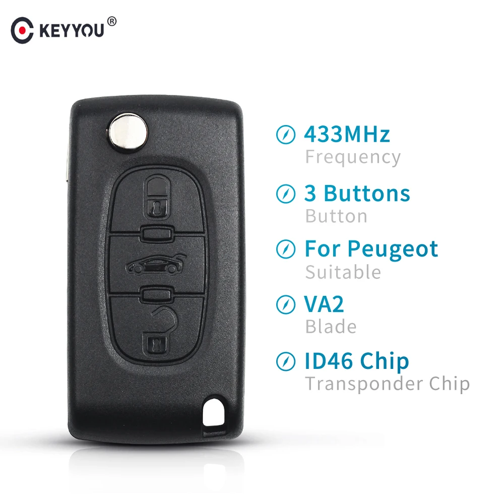 KEYYOU 3 кнопки полный пульт дистанционного управления автомобиля флип складной ключ для peugeot 307 407 308 607 433 МГц электронный ID46 чип VA2 лезвие CE0536