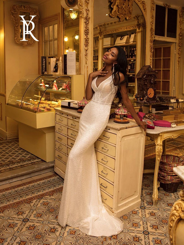 

YILIBER Mermaid wedding dress sleeveless chiffon simple bridal dresses skirt sequins plus size wedding gown