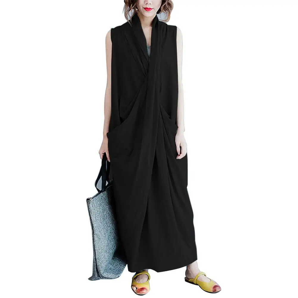 

Hot Summer Beach Fashion Women Asymmetric Cross V-Neck Sleeveless Maxi Dress Robe