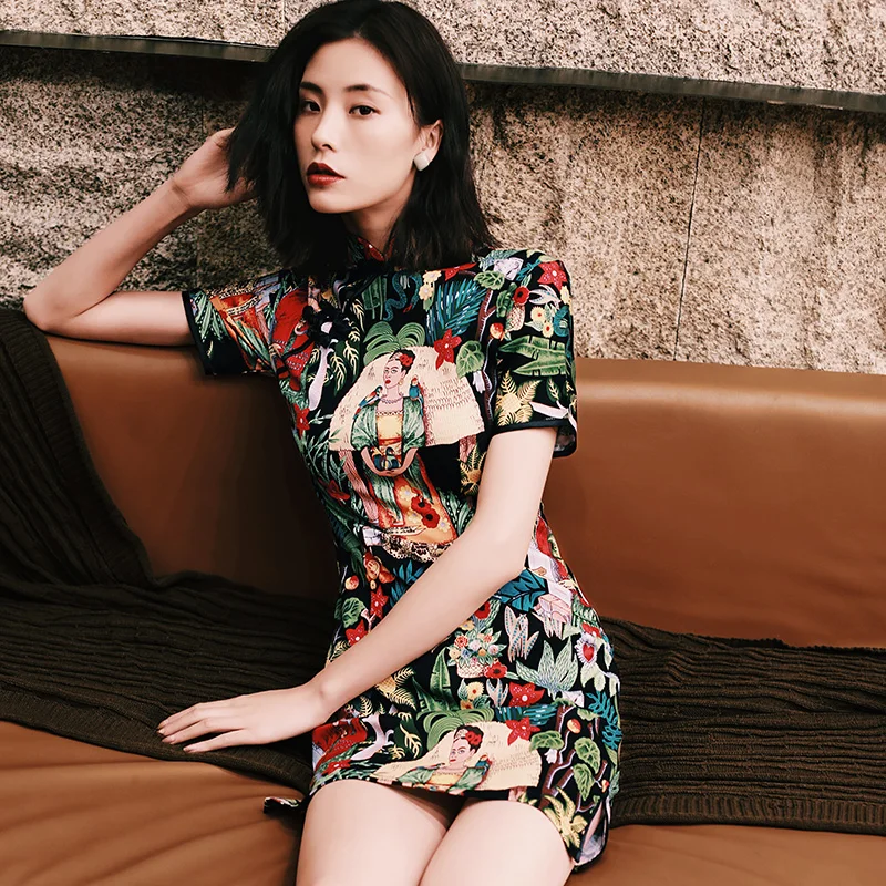 Женское шелковое платье cheongsam с коротким рукавом, Ретро стиль, воротник-стойка, платье cheongsam, цветочный принт, qipao, улучшенное китайское платье