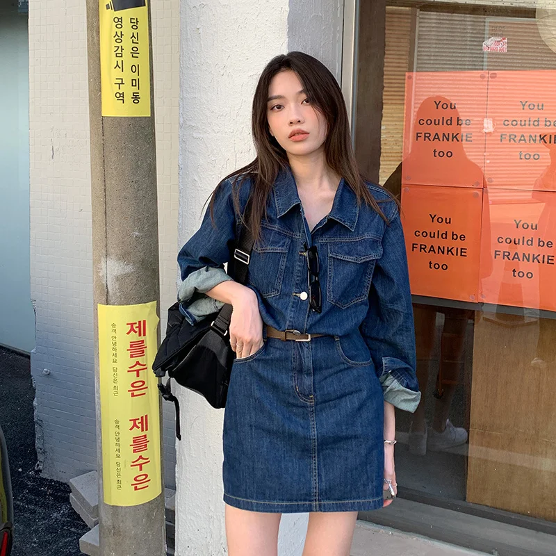 

CMAZ Dress For WomenReal Shot Cost-Effective Autumn New Fashion Collar Blue Denim