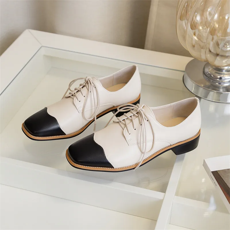 Meotina Spring Flats Women Shoes High Quality Lace Up Flat Derby Mixed Colors Square Toe Casual Lady Big Size 33-43 | Обувь