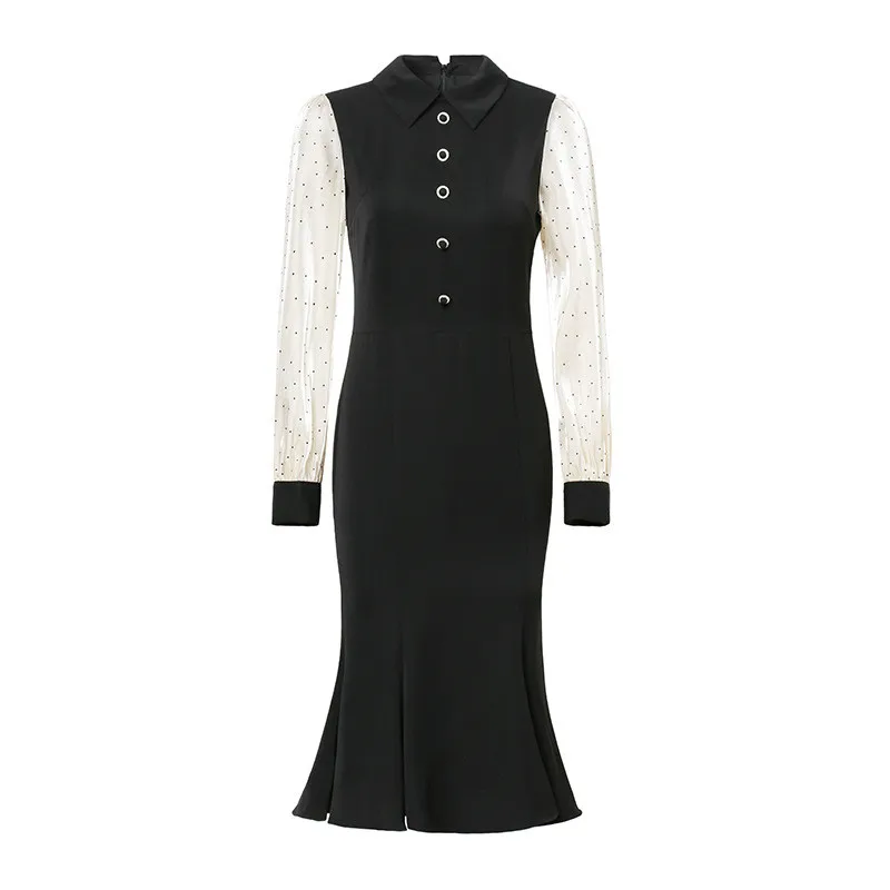 

2021 Spring Dress Women Long Sleeve Autumn Midi Maxi Black Dresses Splicing Elegant Fashion Office Lady Trumpet Woman Dress Robe