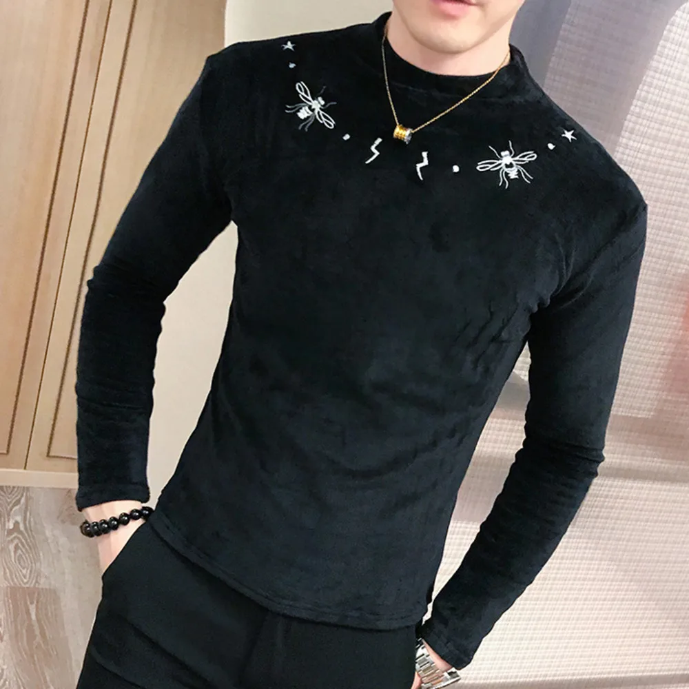 

Embroidery Velvet 2021 T Shirt Men Turtleneck Long Sleeve T Shirts Tees Casual Slim Tops Hip Hop Social Streetwear T Shirt M-3XL