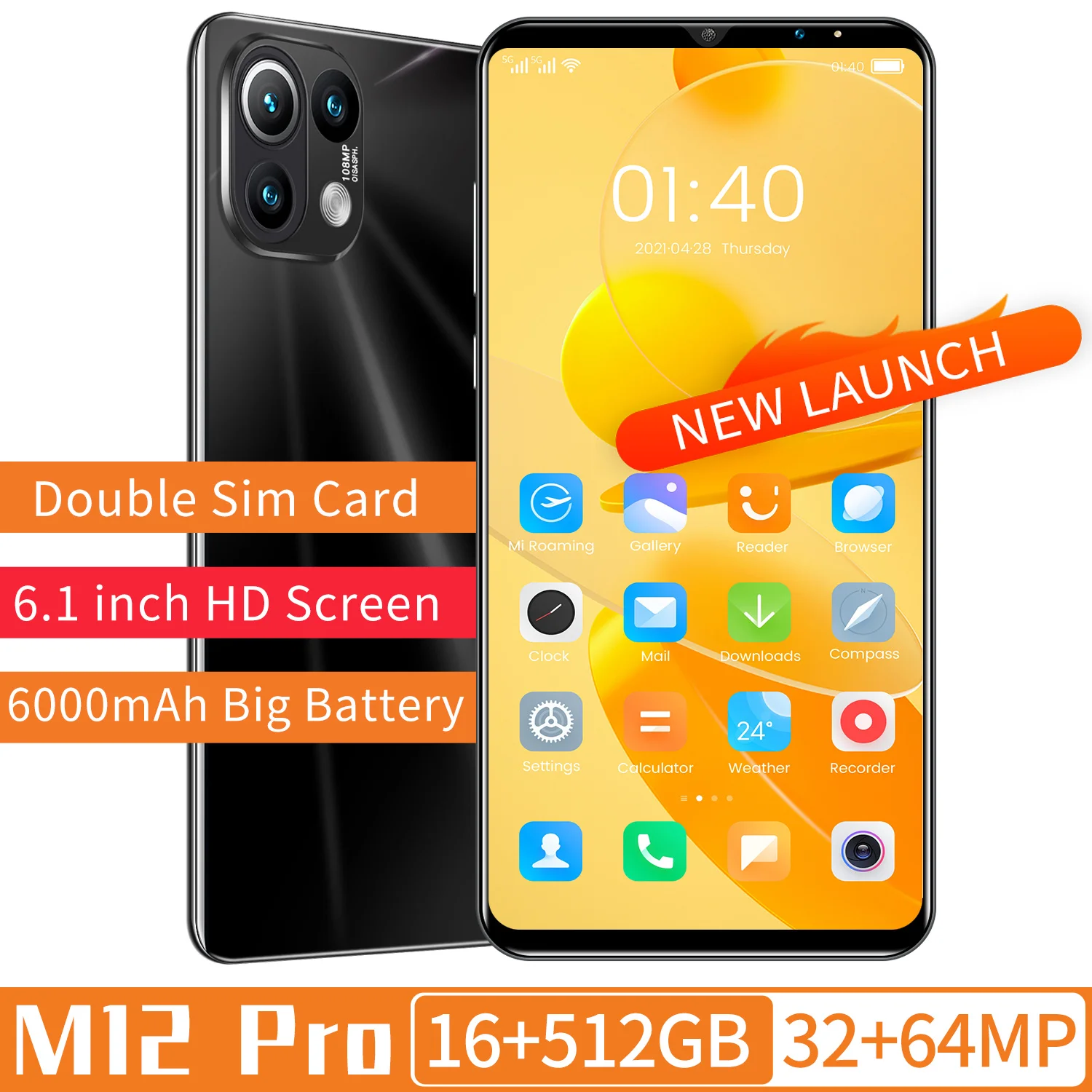 

6.1 Inch Huawee M12 Pro Android 10 6000mAh Snapdragon 888 Mobile Phone16G 512G 32MP 64MP Fingerprint Unlock Smartphone