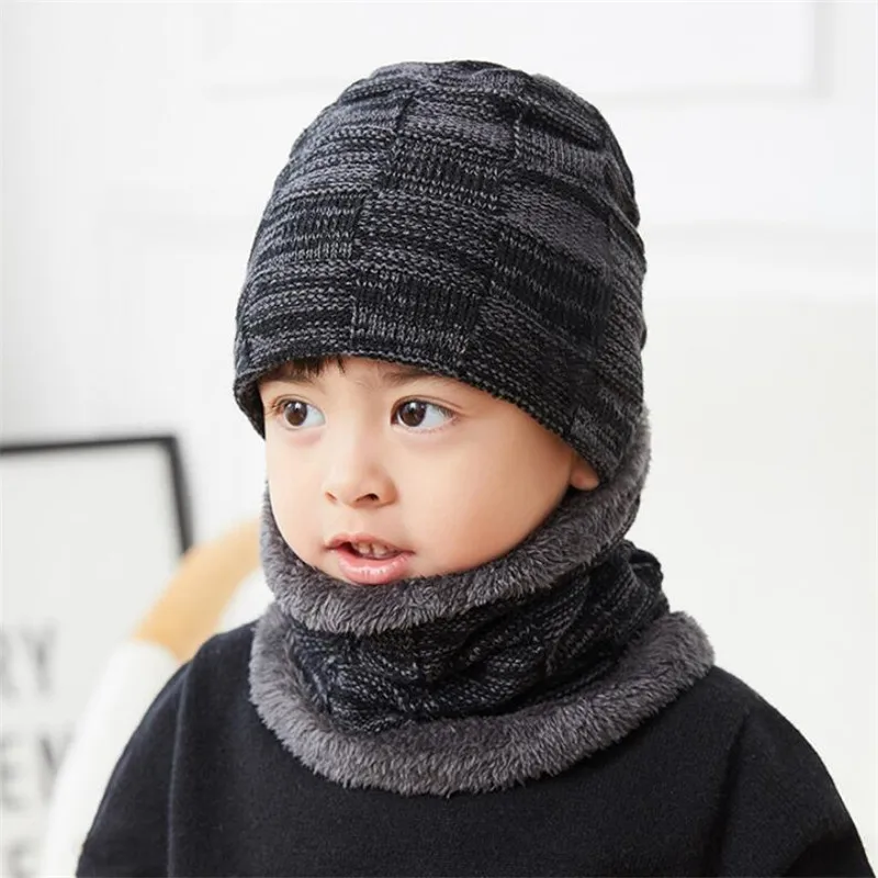 Детская зимняя вязаная шапка шарф комплект для мальчиков и девочек плюшевая