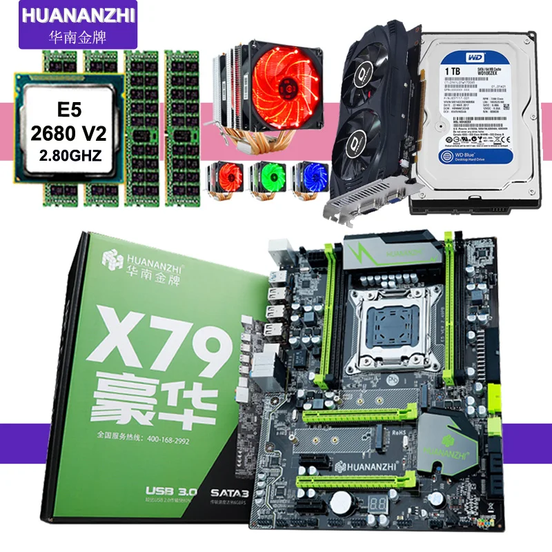 Материнская плата HUANANZHI X79 CPU Xeon E5 2680 V2 с 6 тепловыми трубками кулер ОЗУ 16 Гб RECC 1 ТБ 3