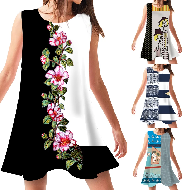 Платье в стиле пэчворк милые платья без рукавов с набивным рисунком женская
