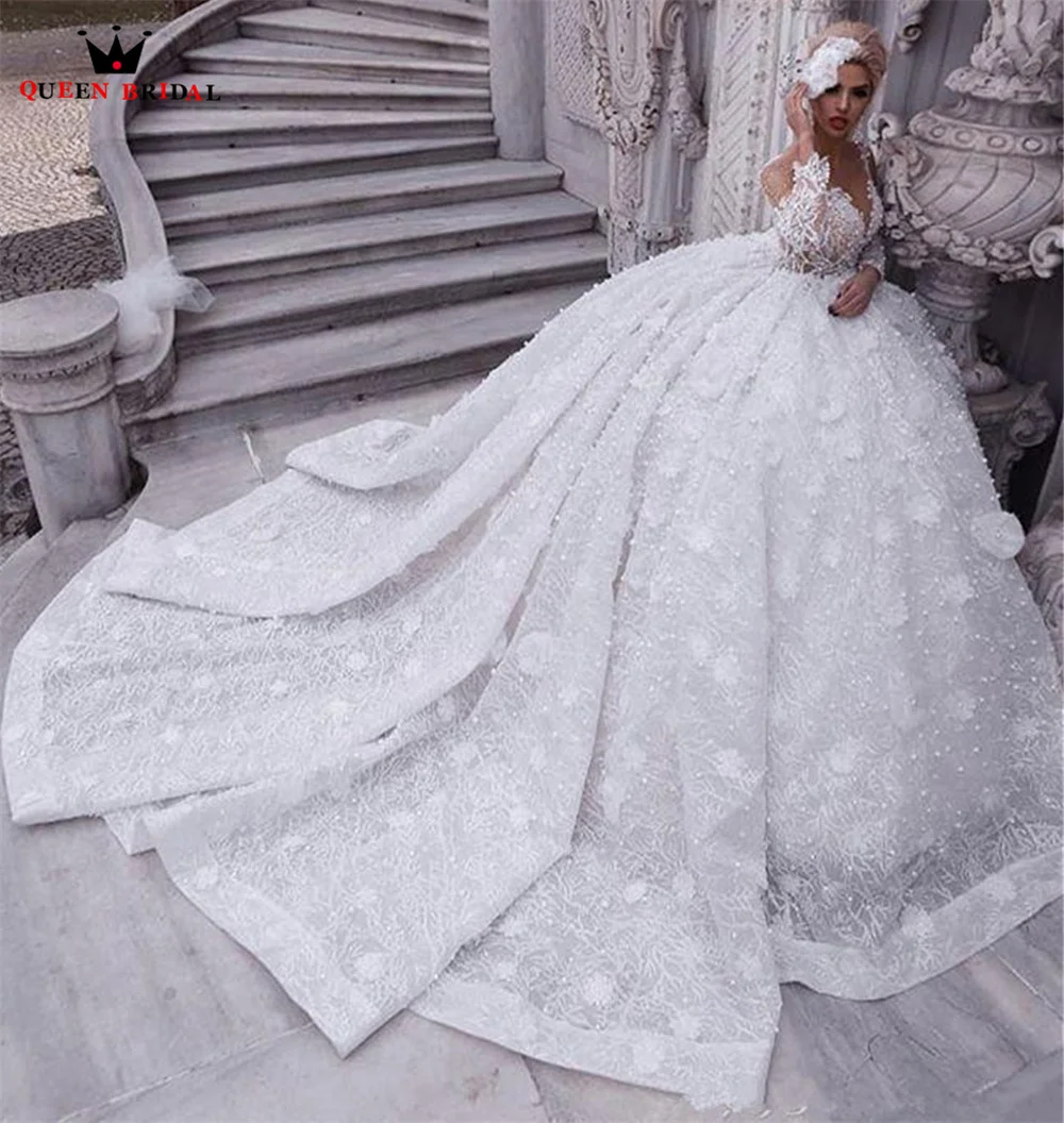 

Luxury Arabic Princess Wedding Dresses Long Sleeve Tulle Lace 3D Flowers Crystal Beaded Pearls 2023 Bridal Gown Custom Made JT08