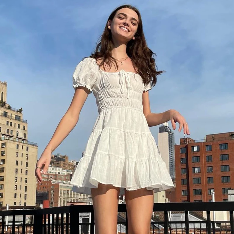 

Vintage Solid Y2K Sweet Mini Dresses Women White Summer Square Collar Prom Dress Korean Fashion A-line Outfit 2021 Cuteandpsycho